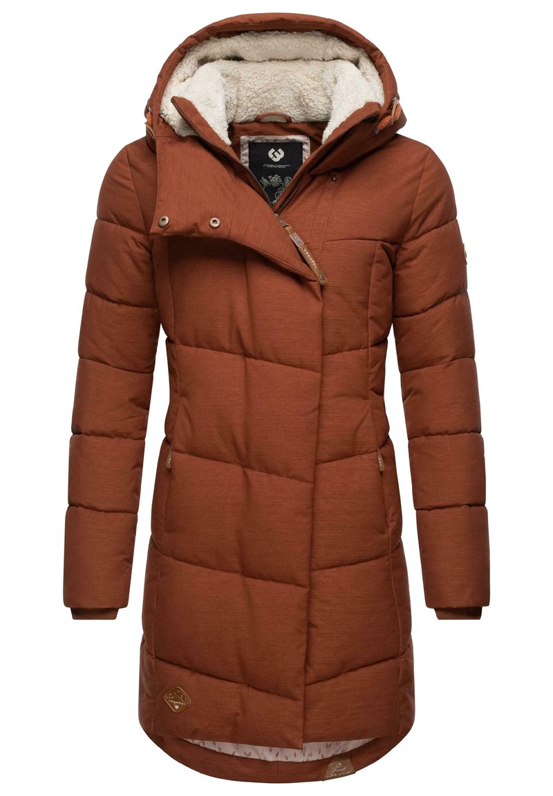 Brown puffer coat with a quilted design, furry hood lining, angled zipper, and front pockets. Features a longer cut for additional warmth.
