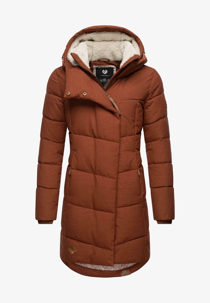 Brown puffer coat with a quilted design, furry hood lining, angled zipper, and front pockets. Features a longer cut for additional warmth.