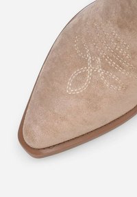 Chaussure en daim beige à bout pointu avec une texture lisse et des détails brodés en fil clair sur la section supérieure. Semelle marron.