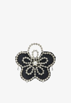 Sort blomstret brosche prydet med krystal rhinsten, med en central perle og tåreformede accenter for ekstra detaljer.