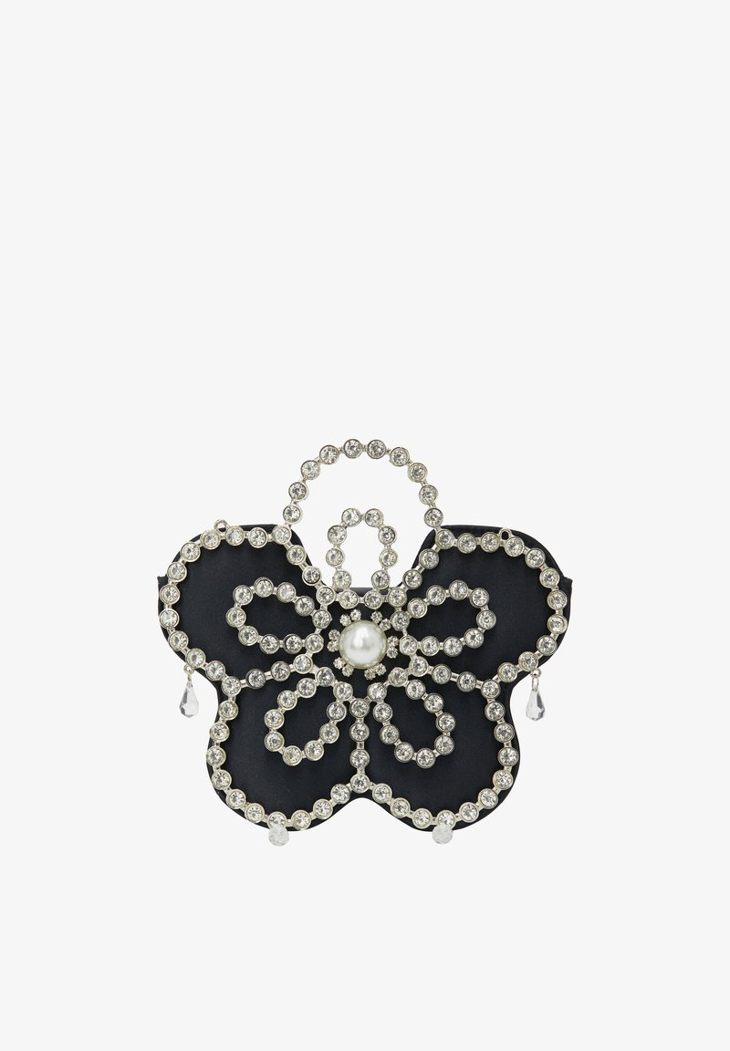 Svart blomformad brosch prydd med kristallstrass, med en central pärla och droppformade detaljer för extra elegans.