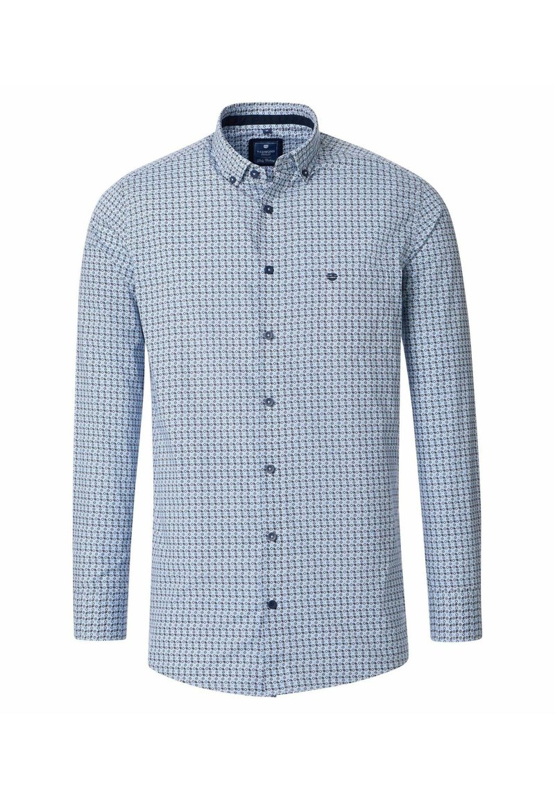 Koszula zapinana na guziki w jasnoniebieskim kolorze z wzorowanym designem. Posiada długie rękawy, kołnierzyk oraz granatowe guziki. Tekstura materiału wydaje się gładka.