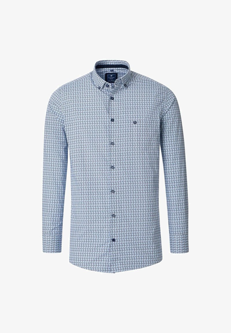 Koszula zapinana na guziki w jasnoniebieskim kolorze z wzorowanym designem. Posiada długie rękawy, kołnierzyk oraz granatowe guziki. Tekstura materiału wydaje się gładka.
