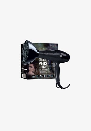 Sèche-cheveux noir avec embout diffuseur placé devant sa boîte indiquant le nom du produit GT1200 Plus Prime et une femme aux cheveux coiffés.