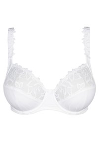 Witte bh met kantdetails op de cups, een gladde basisstof, verticale strepen en verstelbare decoratieve bandjes.