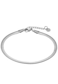 Pulsera de malla plateada con un diseño flexible. Presenta un cierre de langosta, una cadena ajustable y un pequeño charm circular. Textura suave.