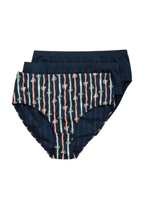 Verpakking van drie damesonderbroeken in marineblauw. Eén heeft een patroon van dunne strepen en strikjes in pastelkleuren; gladde stof.