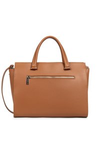 Sac à main en cuir marron avec une forme structurée, deux poignées supérieures, une bandoulière amovible et une poche zippée à l'avant. Texture lisse, accents minimalistes.