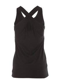 Mustat tank topit, joissa on ristikkäin oleva selkädesign ja avainreikäyksityiskohta keskellä. Valmistettu sileästä, joustavasta kankaasta.
