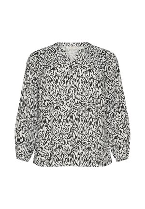 Zwart-witte blouse met een patroon, een V-hals, knopenlijst en ballonmouwen. Lichtgewicht stof met een gestructureerde uitstraling.