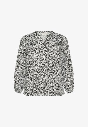 Blusa de patrón en blanco y negro con escote en V, tapeta de botones y mangas abullonadas. Tejido ligero con apariencia texturizada.