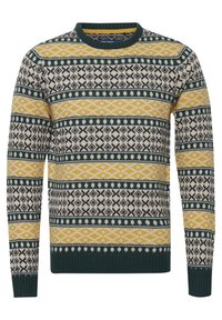 Pulover tricotat cu un model geometric în galben, verde și negru pe un fundal crem. Decupaj rotund la gât și manșete cu ghirlande.