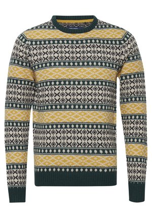 Stickad tröja med ett geometriskt mönster i gult, grönt och svart på en krämfärgad bakgrund. Rund halsringning och ribbade ärmslut.