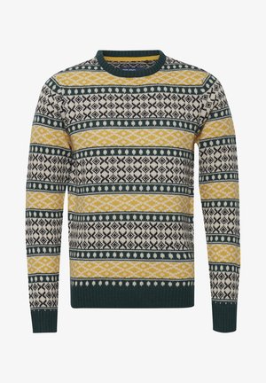 Pletený sveter s geometrickým vzorom v žltej, zelenej a čiernej farbe na krémovom pozadí. Okrúhly výstrih a rebrované manžety.