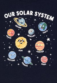 Must mustriline kangas, millel on päikesesüsteemi joonistus, kus on koomikslikud planeedid ja päike. Sisaldab värvikat illustreerimist ja teksti sildid.