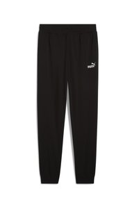 Zwarte sportieve joggings gemaakt van een soepele stof, met een elastische tailleband en een wit Puma-logo op het bovenste linkerbeen.