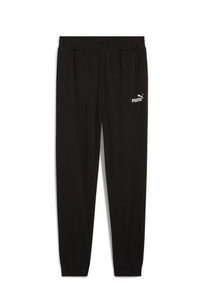 Black athletic sweatpants made of smooth fabric, featuring an elastic waistband and a white Puma logo on the upper left leg.
