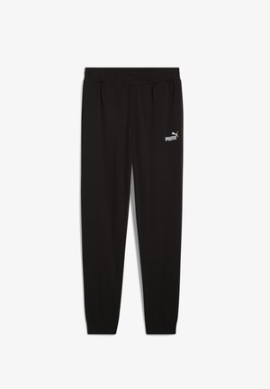 Pantaloni da allenamento neri in tessuto morbido, con vita elasticizzata e logo Puma bianco sulla parte superiore della gamba sinistra.