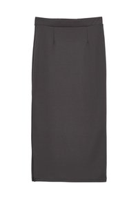 Jupe crayon gris foncé en matériau texturé, avec une taille haute, deux coutures avant et une fente sur le côté pour faciliter les mouvements.