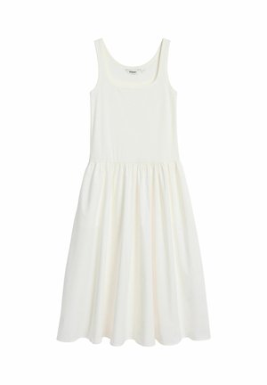 White sleeveless dress made of soft, lightweight fabric. Features a square neckline and pleated skirt, providing a relaxed fit.