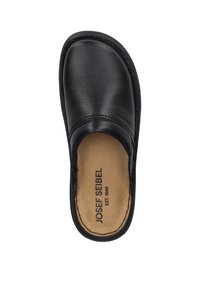 Black leather slip-on shoe with a rounded toe, textured upper, and a tan insole featuring the brand name "Josef Seibel" printed.