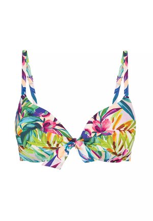 Kostium kąpielowy w wielokolorowym wzorze z motywem kwiatów i liści, z regulowanymi ramiączkami i detalem w postaci węzła pośrodku. Gładka tekstura materiału.