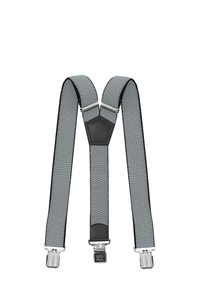 Graue, strukturierte Hosenträger mit schwarzen Akzenten und silbernen Clips; verfügen über ein glattes, schwarzes Leder-Mittelstück für zusätzliche Unterstützung.