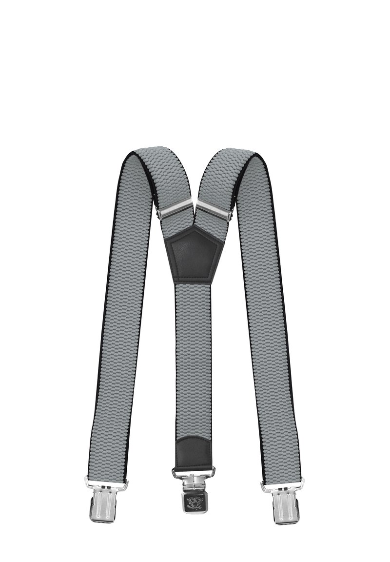Graue, strukturierte Hosenträger mit schwarzen Akzenten und silbernen Clips; verfügen über ein glattes, schwarzes Leder-Mittelstück für zusätzliche Unterstützung.