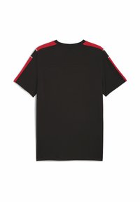 Sort t-shirt med korte ærmer og røde detaljer på skuldrene samt rund halsudskæring, præsenteret mod en hvid baggrund.