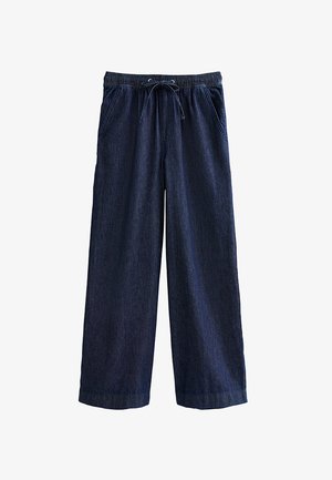 Locker sitzende, dunkelblaue Denim-Hose mit elastischem Bund und Kordelzug, ausgestattet mit Seitentaschen und weitem Bein.