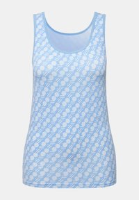 Top blu chiaro senza maniche caratterizzato da un motivo geometrico bianco ripetuto di cerchi aperti e strisce. Realizzato in tessuto morbido con scollatura a girocollo.