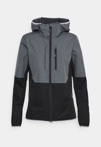 Veste imperméable grise et noire avec zip à l'avant, capuche ajustable et deux poches latérales zippées. Présente des panneaux de couleur contrastée et un tissu texturé.