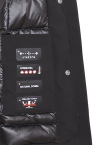 Sezione della giacca imbottita nera con etichette informative che indicano "Stretch", "Extreme Chill", "Natural Down" e "Hidra-ne.k Fabric" con icone.
