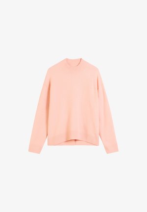 Pull en maille léger rose, fabriqué à partir d'un matériau doux avec un col montant à côtes et des poignets, offrant une coupe décontractée et un ourlet légèrement court.