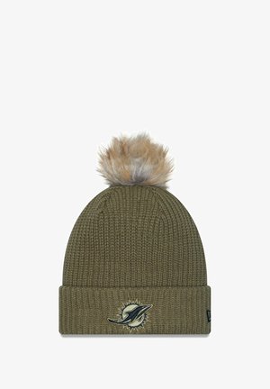 Olive green knit beanie with a textured pattern, featuring a faux fur pom-pom on top and an embroidered logo on the cuff.