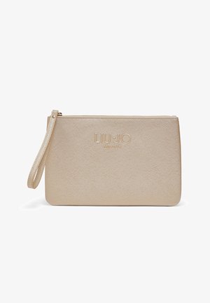Beige Clutch aus synthetischem Material mit Reißverschluss und Handschlaufe. Verfügt über ein geprägtes "LIU JO MILANO" Logo auf der Vorderseite; glatte Textur und schlankes Design.