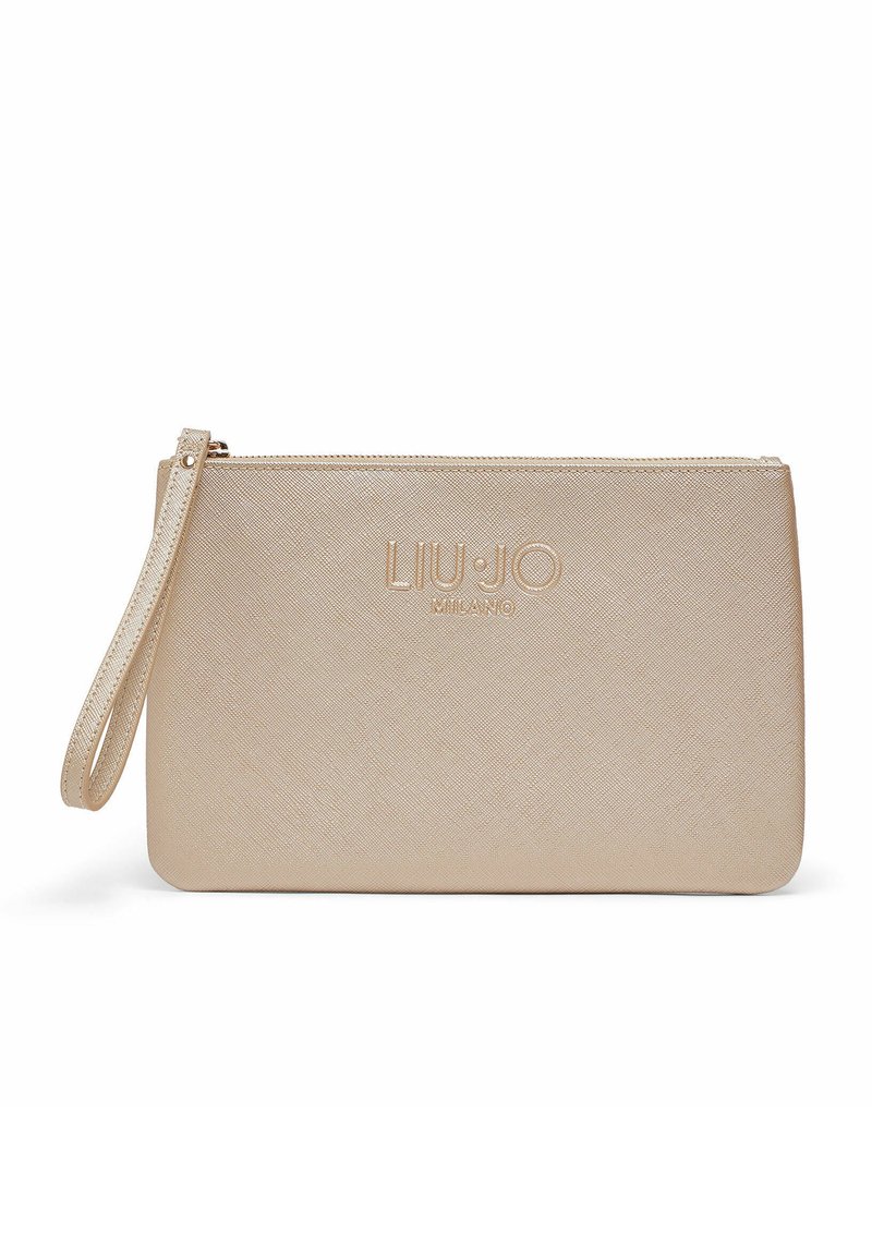 Pochette synthétique beige avec fermeture éclair et bracelet pour poignet. Présente le logo "LIU JO MILANO" en relief sur le devant ; texture lisse et design élégant.