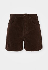 Brown suede shorts with a high waist, button closure, and four pockets. Smooth texture and straight cut with clean lines.