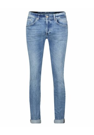 Jeans skinny in denim blu chiaro, con finitura sbiadita, cinque tasche e orli arrotolati. Vita standard con chiusura a bottone metallico.