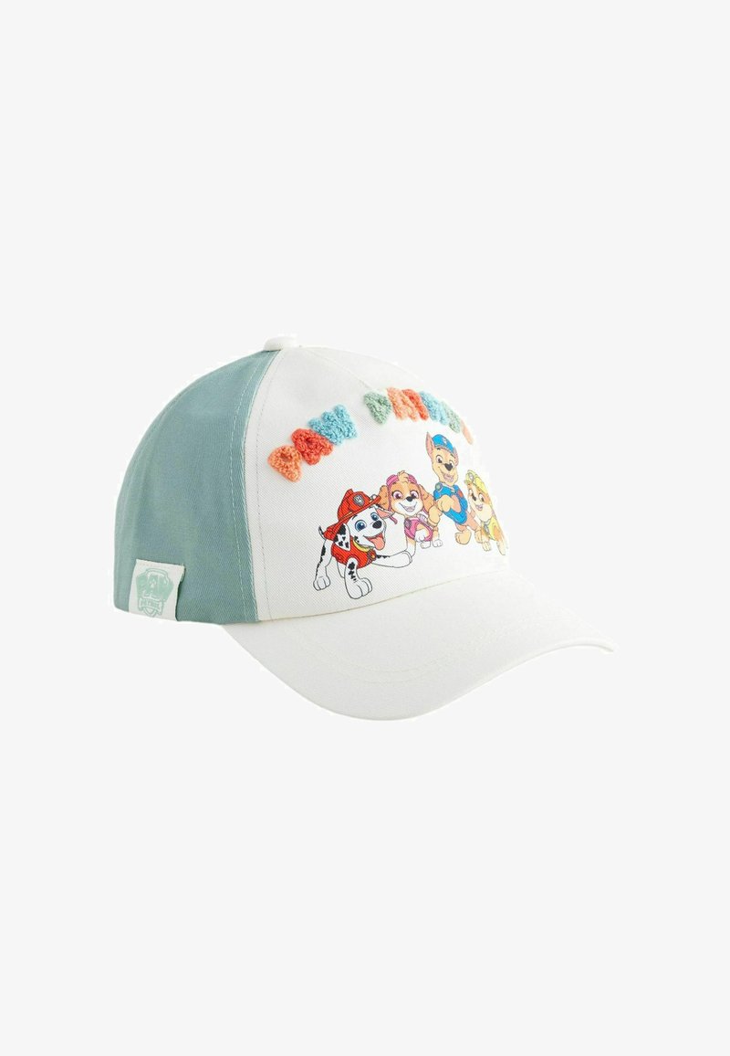 Casquette de baseball blanche et bleu clair pour enfants avec des chiots dessin animés colorés brodés et des lettres texturées sur le panneau avant.