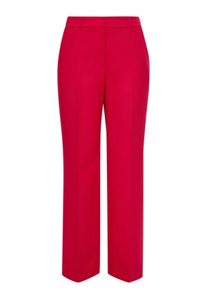 Red tailored trousers with a straight leg, belt loops, and slant pockets. Made of smooth fabric, featuring a clean, minimalist design.