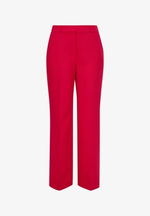 Rode op maat gemaakte broek met een rechte pijp, riemlussen en schuine zakken. Gemaakt van gladde stof en heeft een strakke, minimalistische uitstraling.