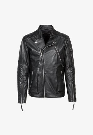 Mustat nahkatakki, jossa on tikattu muotoilu hartioilla, epäsymmetrinen vetoketjusuljenta ja useita vetoketjullisia taskuja. Sujuva kangas, vartaloa myötäilevä muoto.