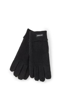 Czarne dziergane rękawiczki z prążkowanymi mankietami i metką "Strellson" na jednym mankiecie, ułożone płasko na białym tle.