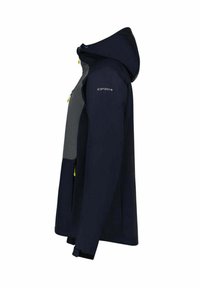 Navy blue and gray hooded jacket with a zipper, featuring a streamlined design, textured fabric, and yellow accents on the zippers.