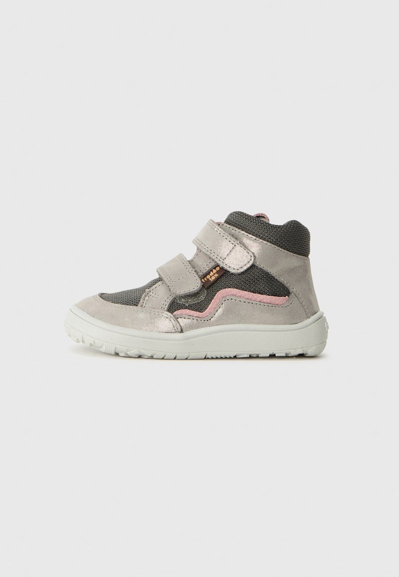 High-top sneakers with a gray and pink color scheme, featuring a mix of leather and mesh materials, two Velcro straps, and textured sole.