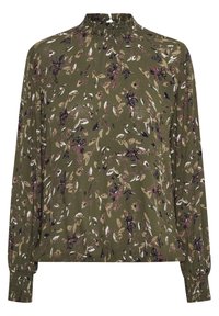 Blouse à manches longues en tissu vert olive avec un motif floral beige, bordeaux et blanc, dotée d'un col et de poignets froncés.