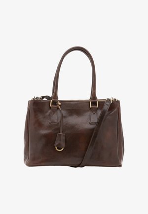 Braune Lederhandtasche mit doppelten oberen Griffen, einem abnehmbaren Schultergurt, goldenen Beschlägen und einem Reißverschlussverschluss. Texturierte Oberfläche mit Akzenten.