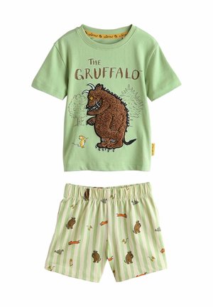 Green child’s two-piece outfit with The Gruffalo character graphic on shirt and matching striped shorts with animal prints.