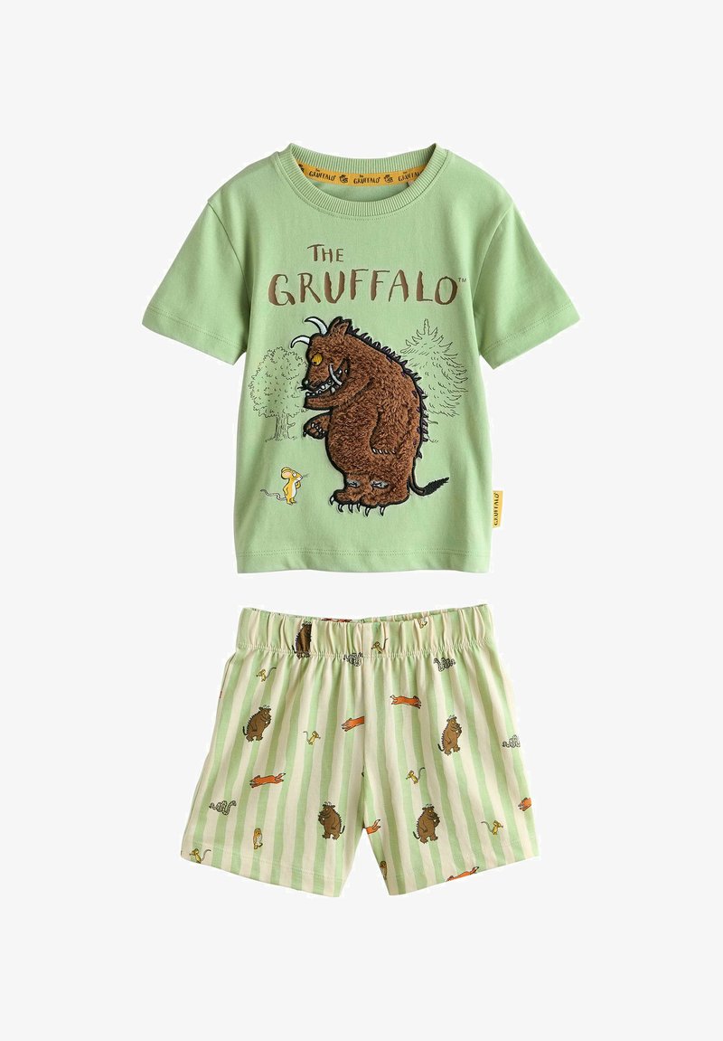 Ensemble pour enfant vert composé de deux pièces, avec un graphique du personnage Le Gruffalo sur le t-shirt et un short rayé assorti avec des imprimés d'animaux.